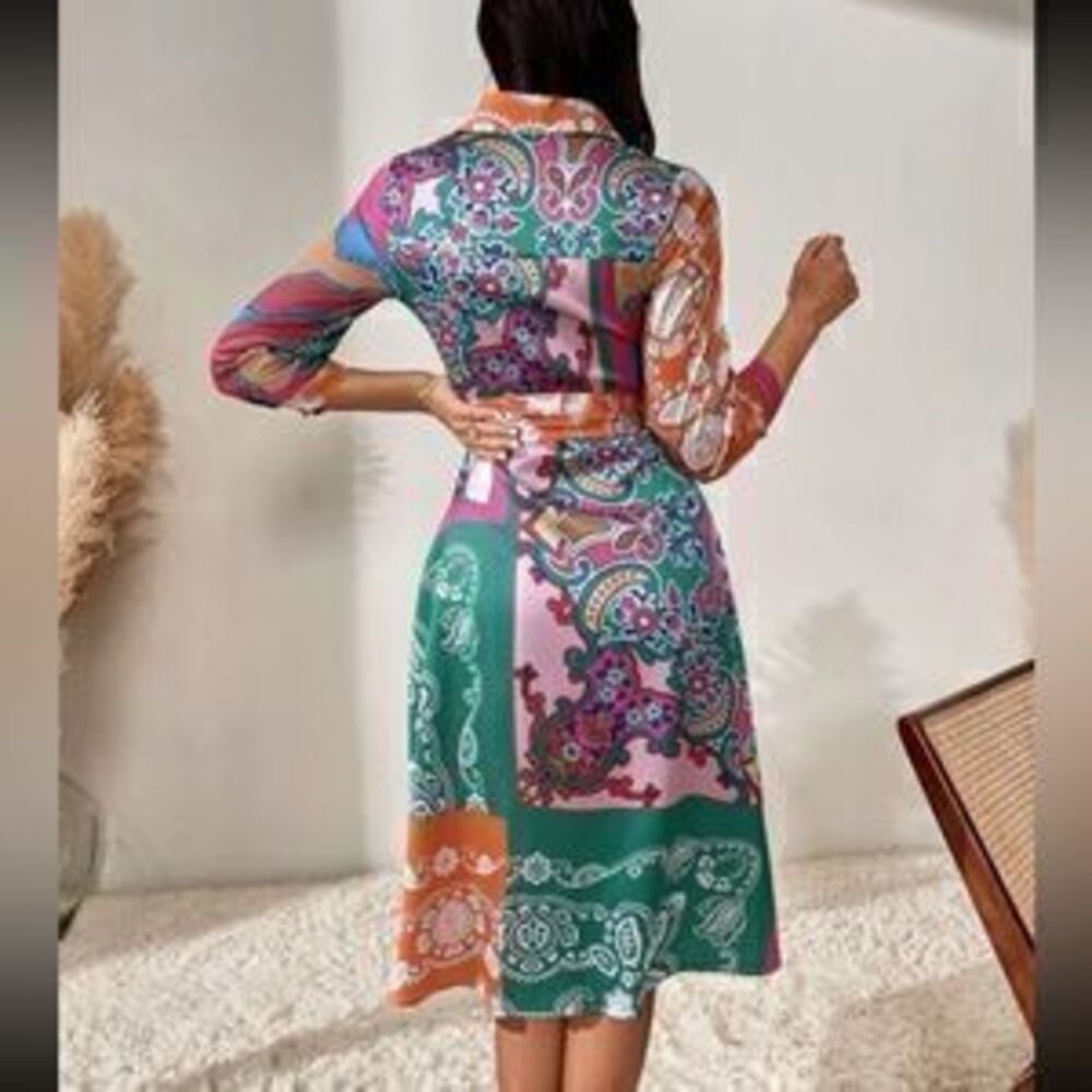 Boho floral print belted shirt dress - Picture 3 of 3